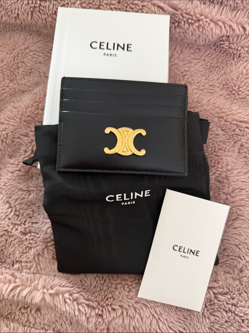 Celine Black Leather Card Holder with Gold Triomphe Emblem